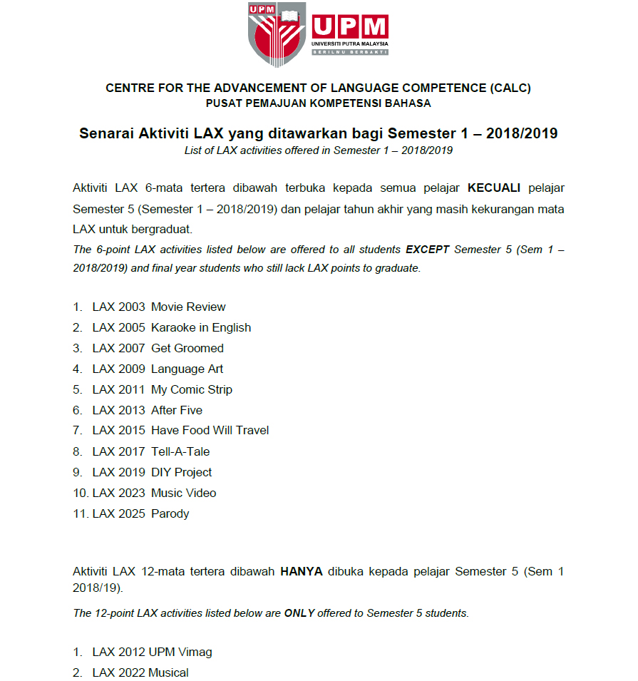 Senarai Aktiviti Lax Yang Ditawarkan Pada Semester Pertama Sesi 2018 2019 Universiti Putra Malaysia